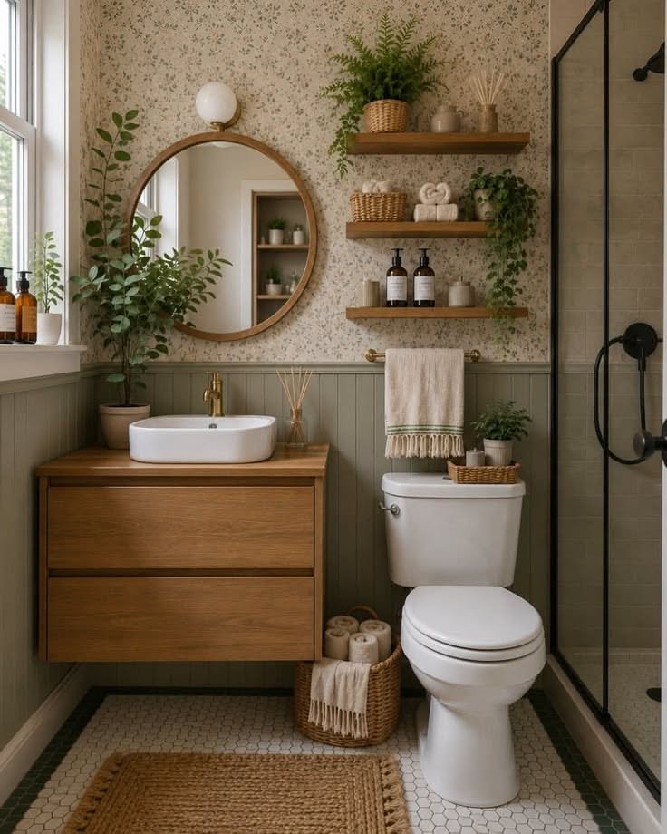 Small natural bathroom with warm wood and calm neutral finishes