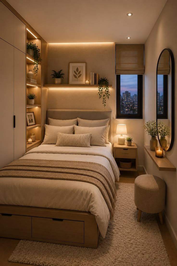 Small bedroom with soft warm lighting and layered bedding