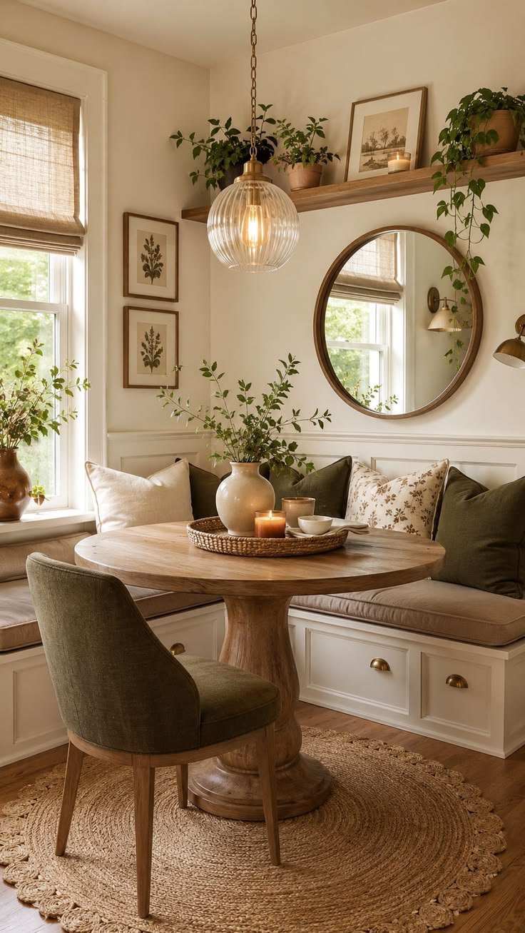 Compact dining nook with built-in seating and warm natural finishes