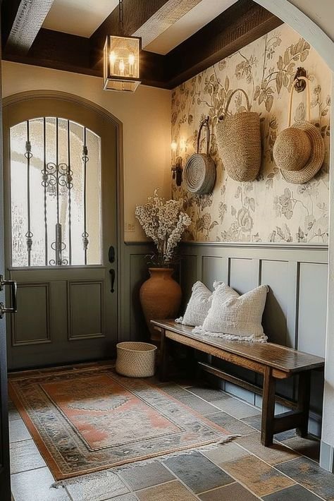 Compact entryway styled with a small console, mirror and practical storage