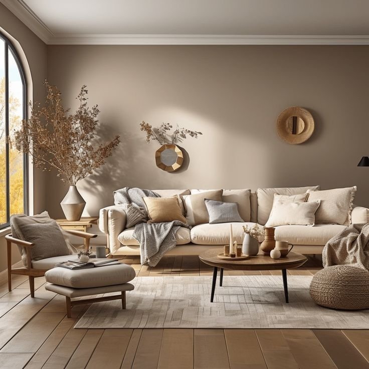 Warm neutral living room with layered textiles and natural wood