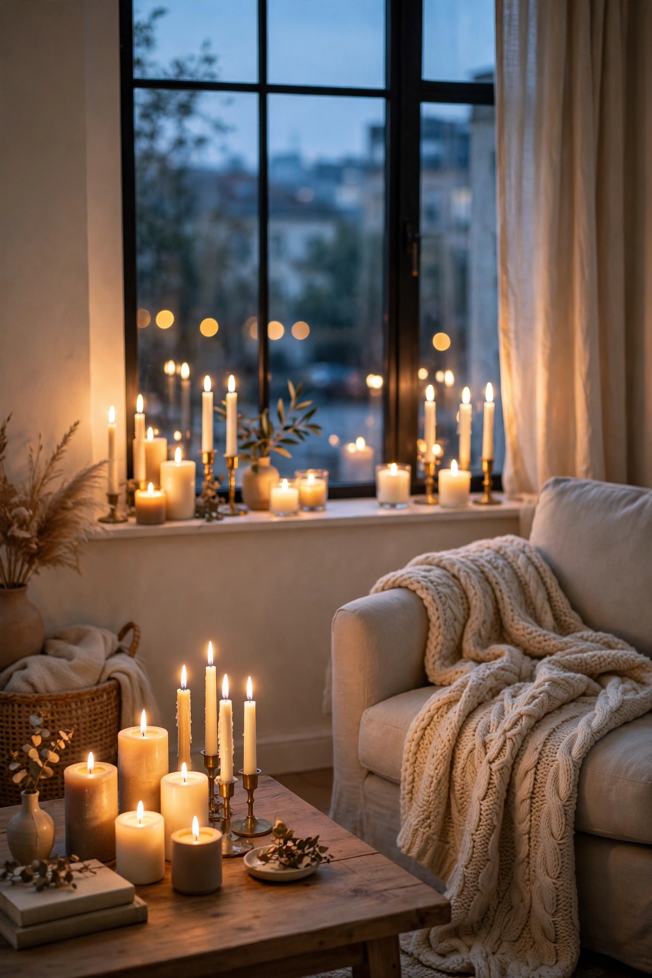 Warm candlelight arranged throughout a cozy home interior with pillars, votives and glass lanterns