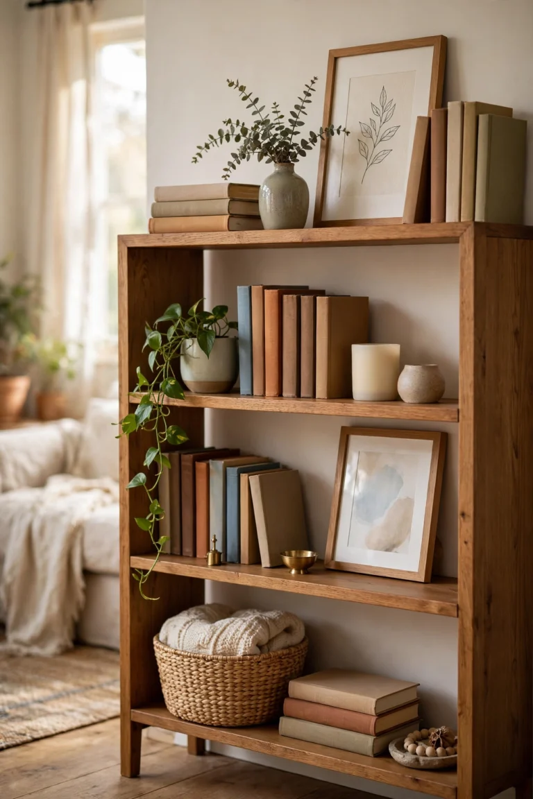 Warm built-in bookshelves styled with books, plants, ceramics, baskets and framed art