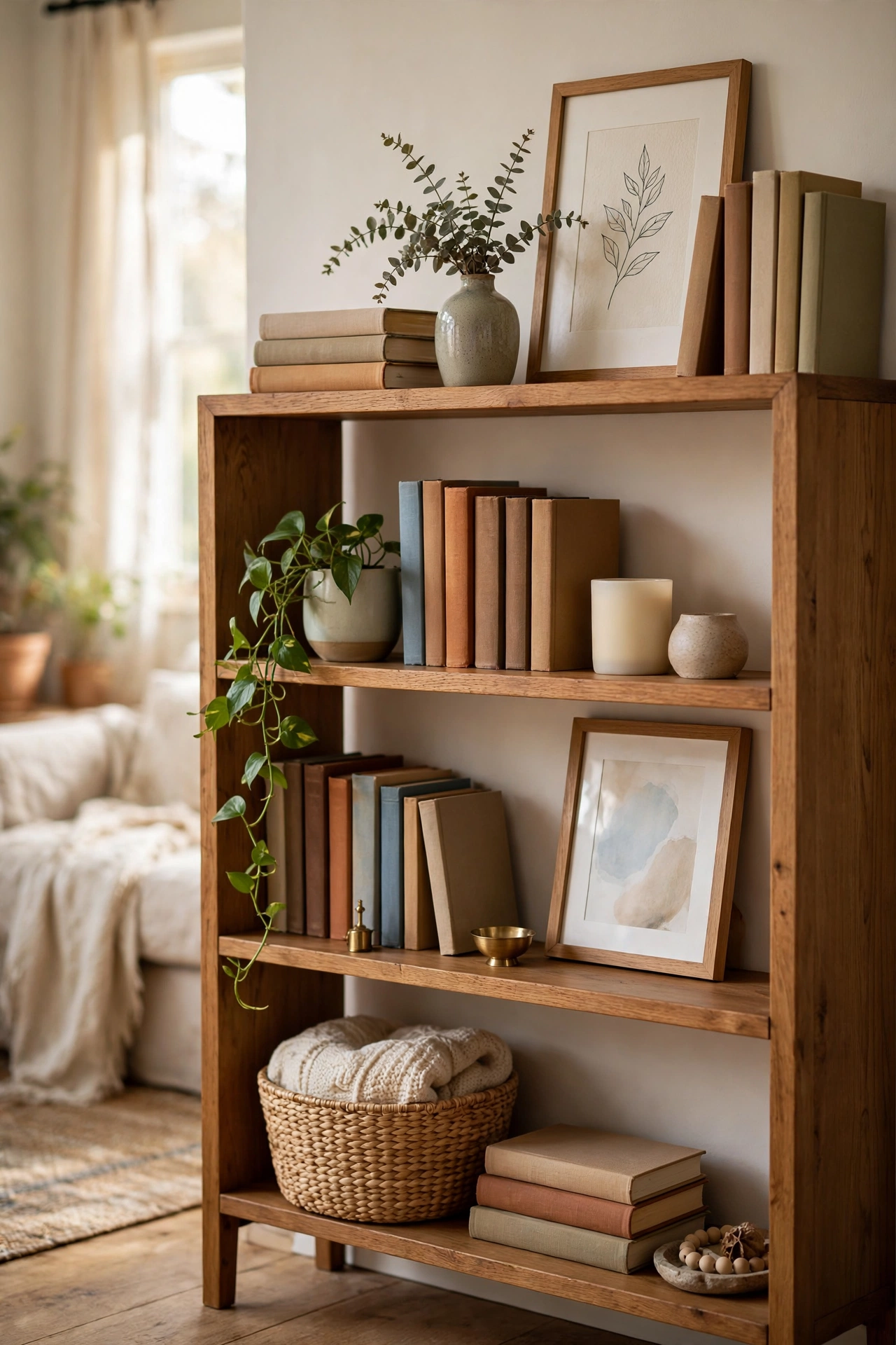Warm built-in bookshelves styled with books, plants, ceramics, baskets and framed art