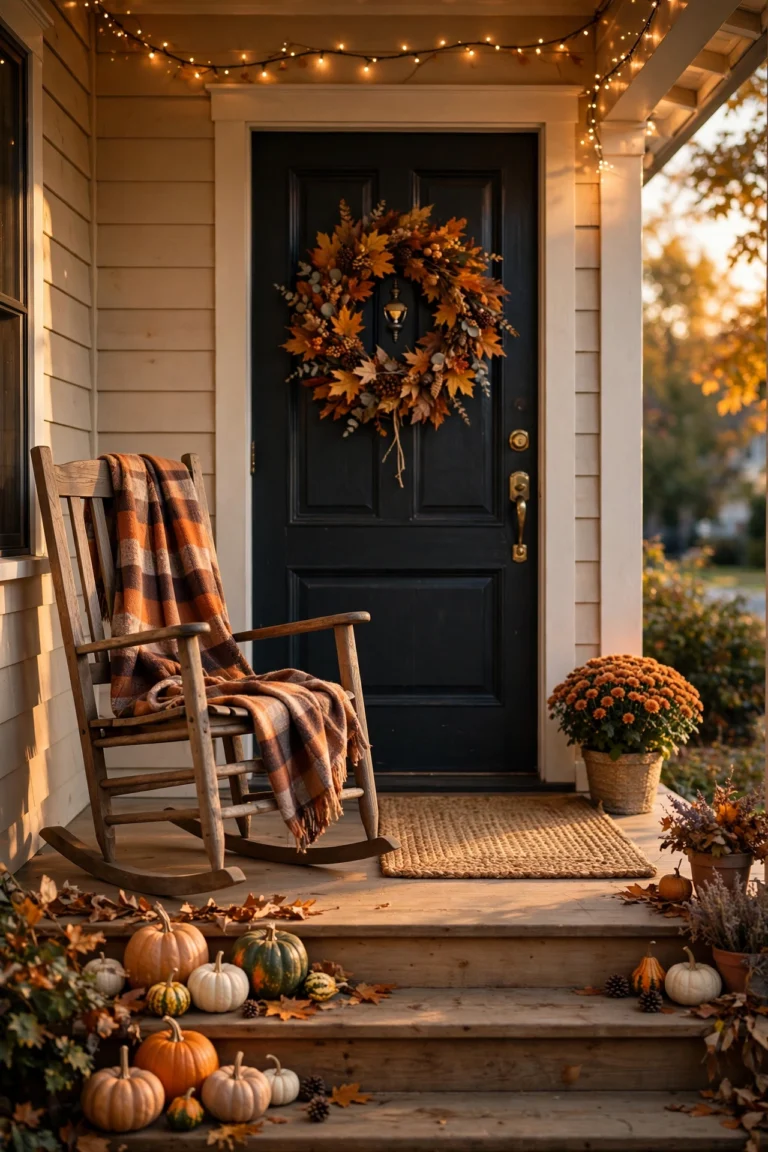 Cozy fall front porch with pumpkins, mums, layered doormats, a plaid throw and warm lantern light