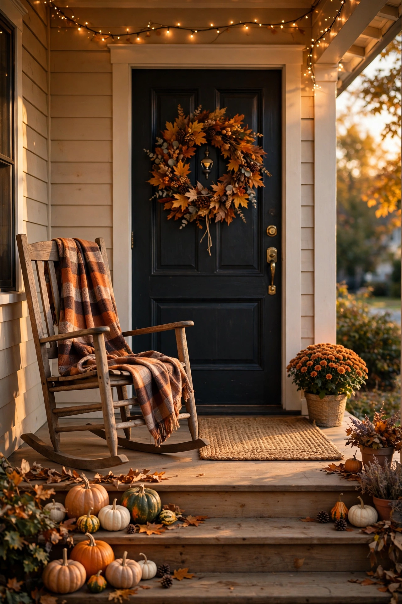 Cozy fall front porch with pumpkins, mums, layered doormats, a plaid throw and warm lantern light