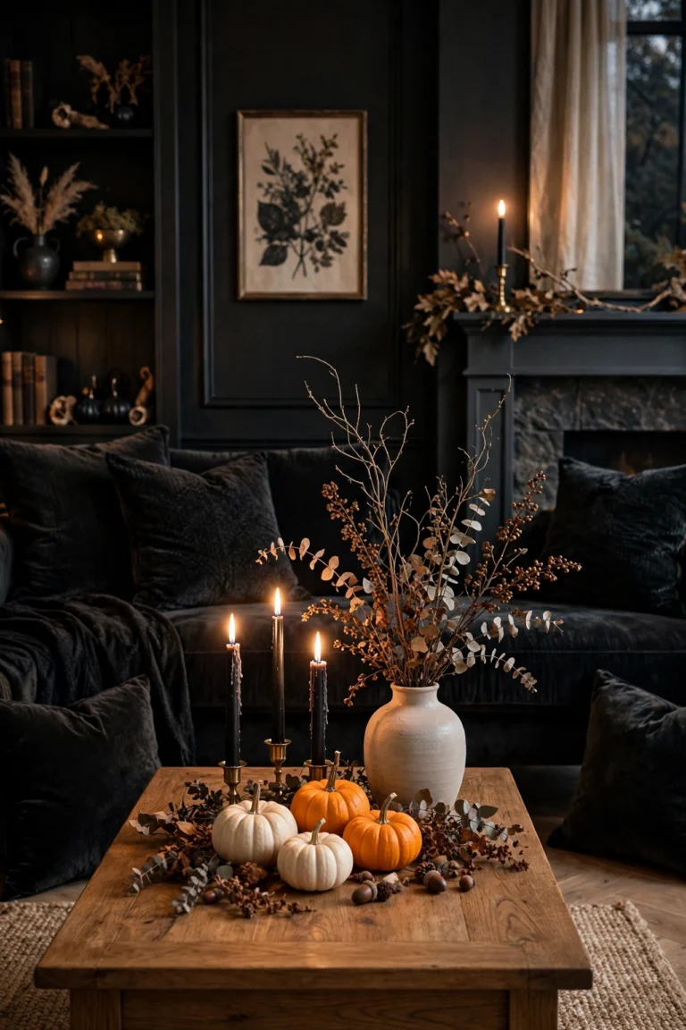 Elegant Halloween living room styled with black taper candles, cream pumpkins, brass and dried botanicals