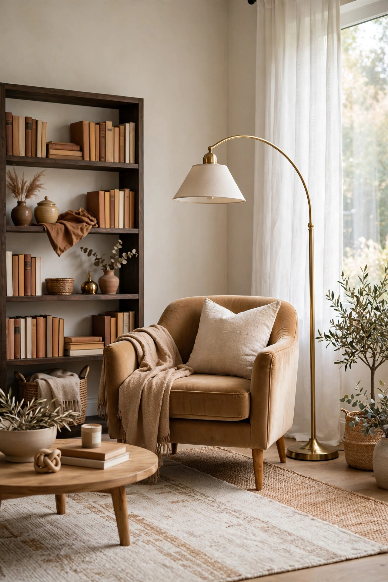 Elegant living room with warm layered neutrals, velvet textures, brass accents and soft lighting