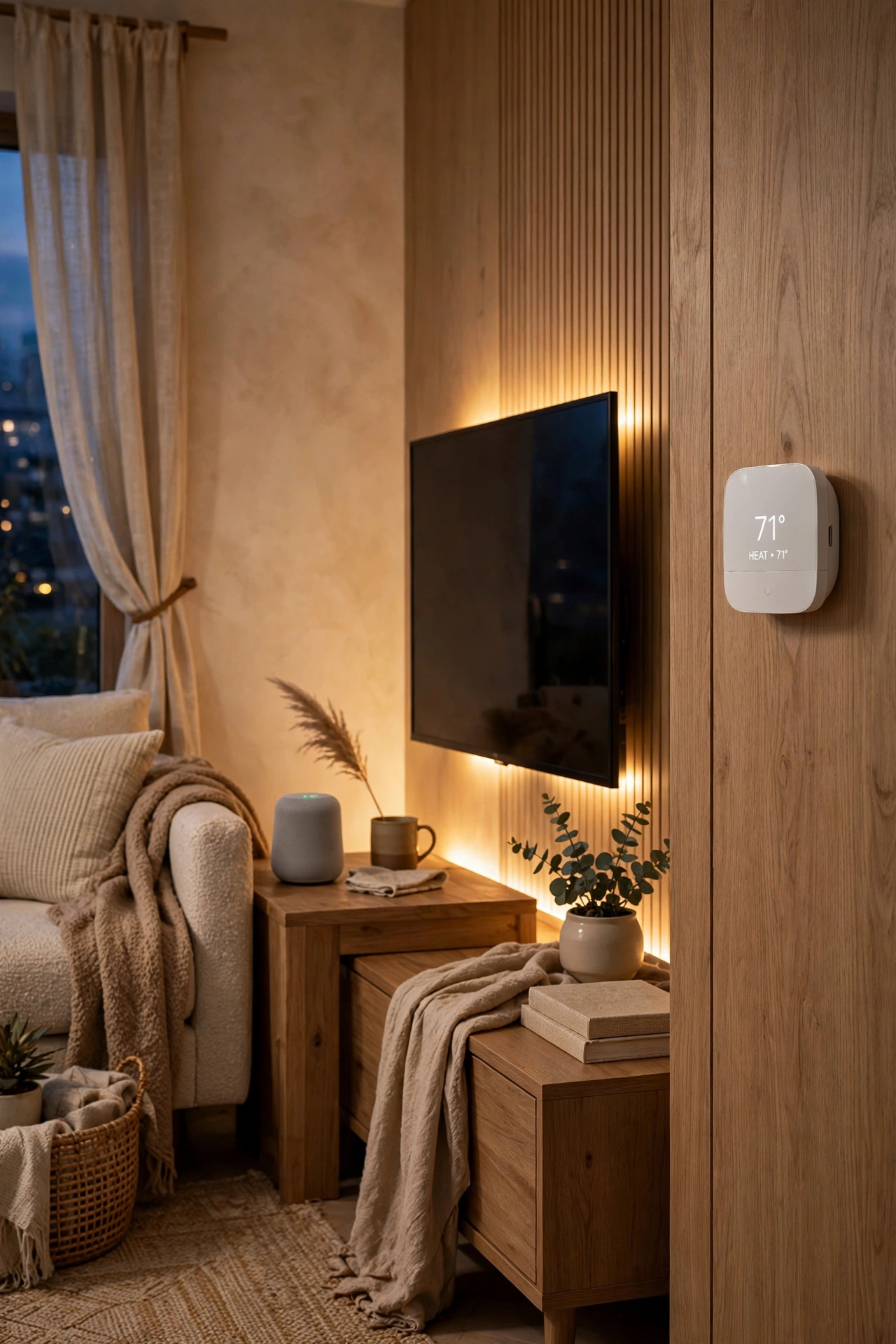 Styled contemporary living room with discreet smart-home devices, warm lighting and neutral finishes