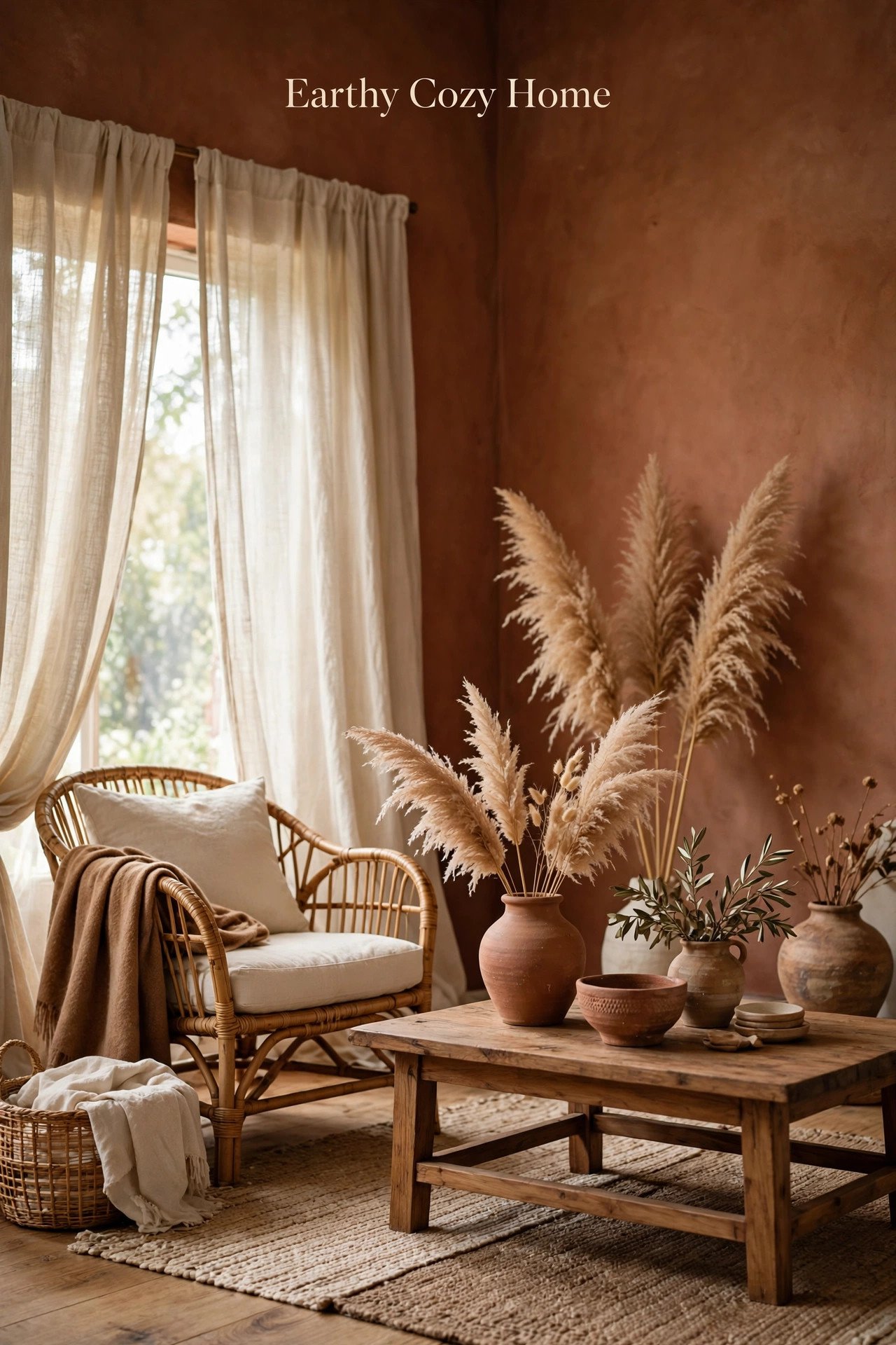 Warm earthy living room corner with terracotta plaster walls, a rattan armchair with cream cushions beside sheer linen curtains, and a rustic wooden coffee table holding clay pots of pampas grass on a woven jute rug