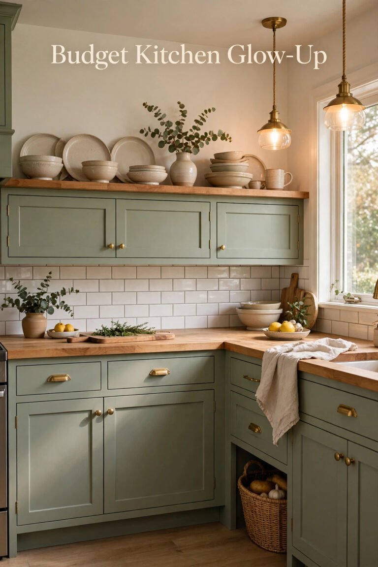 Kitchen with sage-green shaker cabinets, brass hardware, butcher-block countertops and a white subway-tile backsplash, styled with stoneware dishes, eucalyptus and brass glass pendant lights