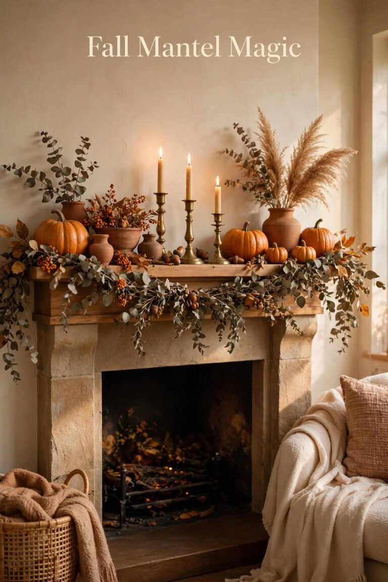 Stone fireplace mantel decorated for fall with a draped eucalyptus and berry garland, orange pumpkins, terracotta pots, three lit taper candles in brass holders and a vase of pampas grass, beside a cream sofa with a knit throw