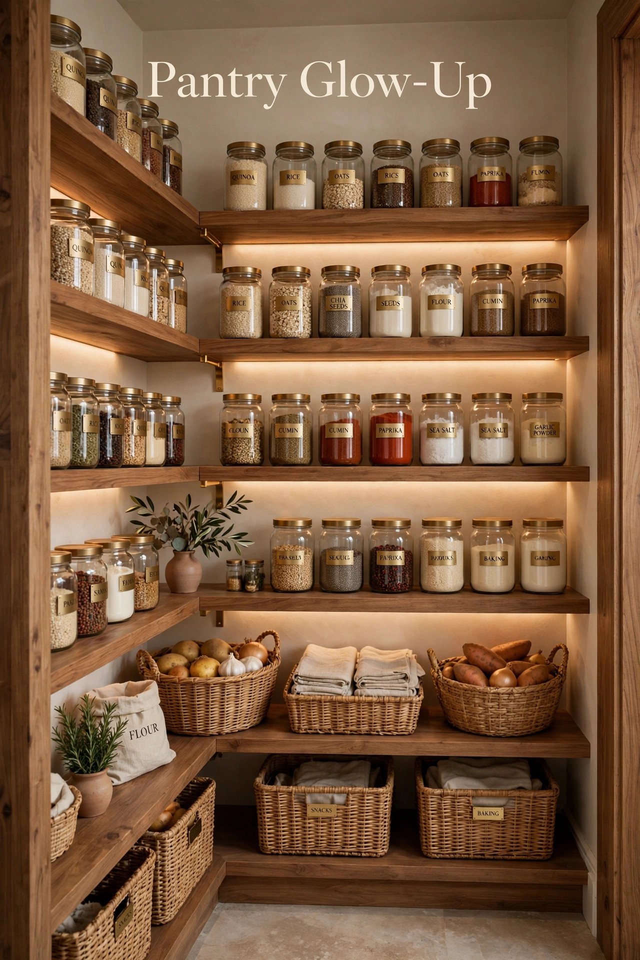 Organized walk-in pantry with warm wooden shelves of labeled glass jars with brass lids, under-shelf lighting, and woven baskets of produce and folded linens on the lower shelves