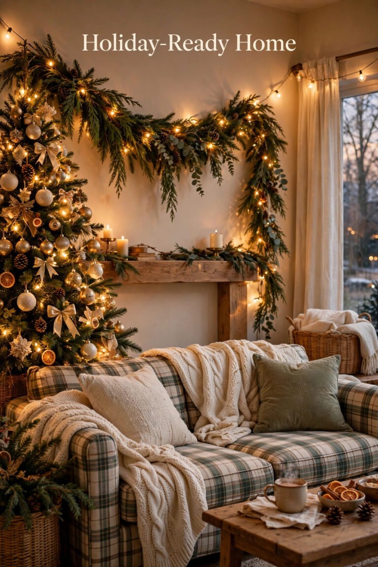 Holiday-ready living room with a lit Christmas tree with gold ornaments and ribbon bows, an evergreen garland with fairy lights draped over a rustic wooden mantel, and a green plaid sofa with cream knit throws and cushions