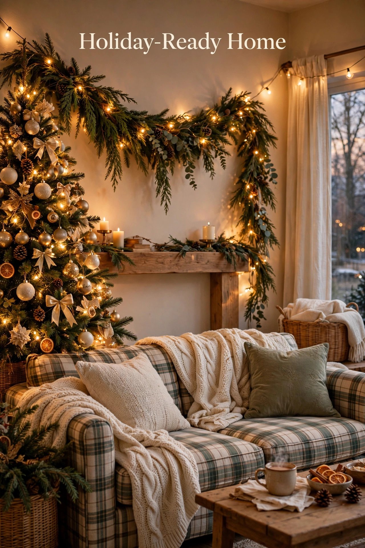 Holiday-ready living room with a lit Christmas tree with gold ornaments and ribbon bows, an evergreen garland with fairy lights draped over a rustic wooden mantel, and a green plaid sofa with cream knit throws and cushions