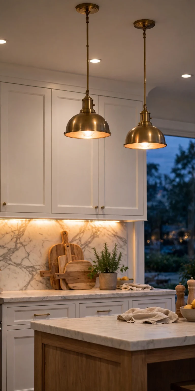 Warm kitchen with brass pendant lights, glowing under-cabinet lighting and a marble island