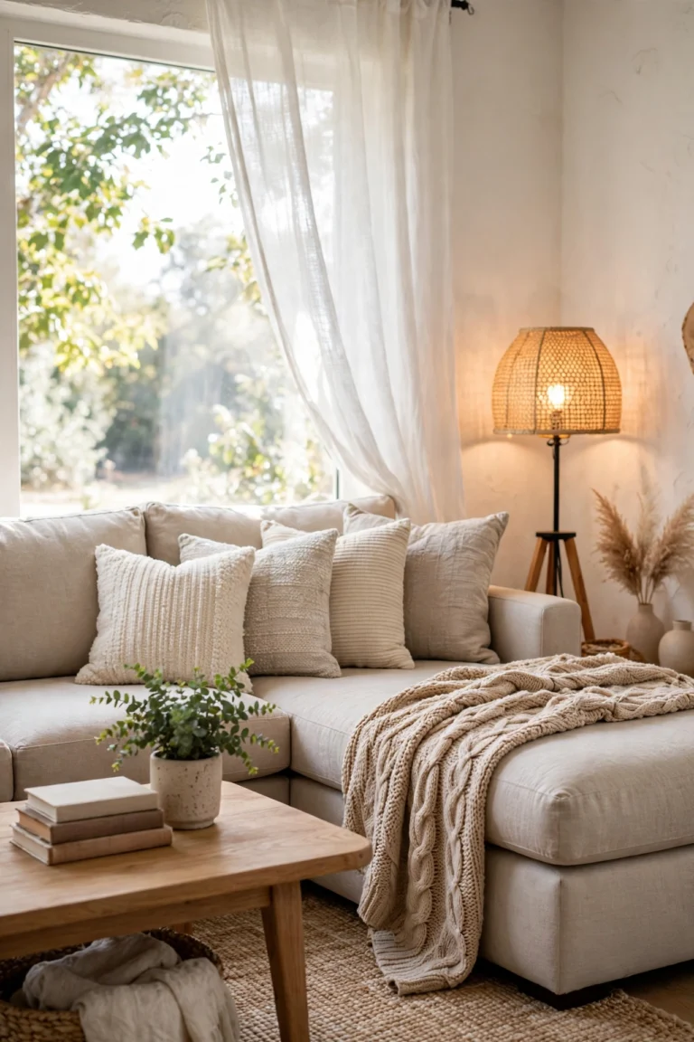 Warm neutral living room with a large cream sectional sofa, textured cushions and a knitted throw