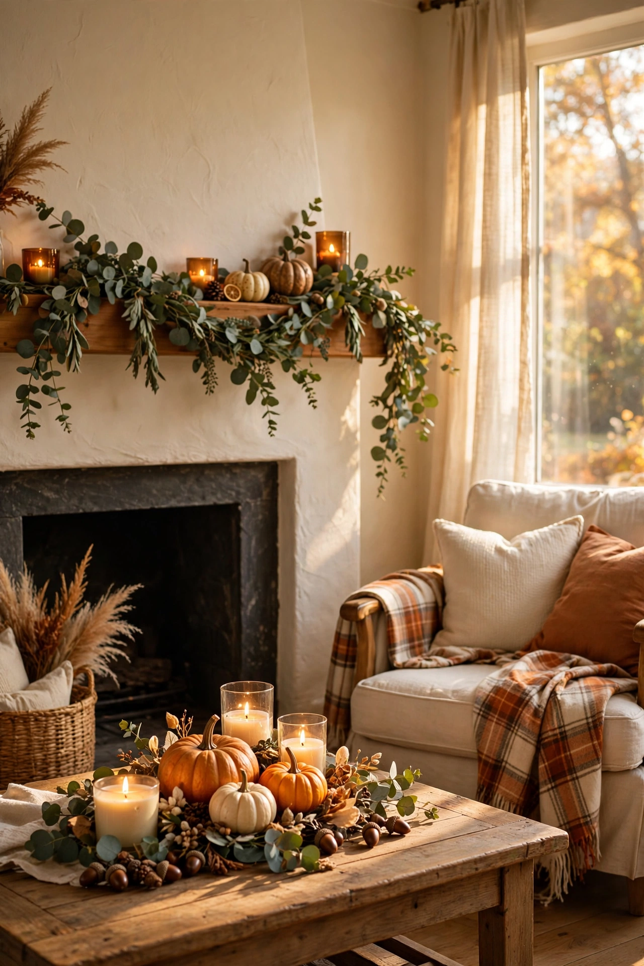 Warm autumn living room decorated with pumpkins, eucalyptus garland, plaid textiles and candlelight
