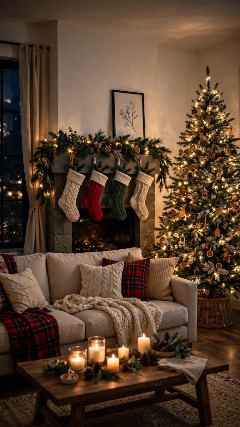 Cozy Christmas living room with a glowing tree, evergreen mantel garland, warm string lights, stockings and layered seasonal textiles