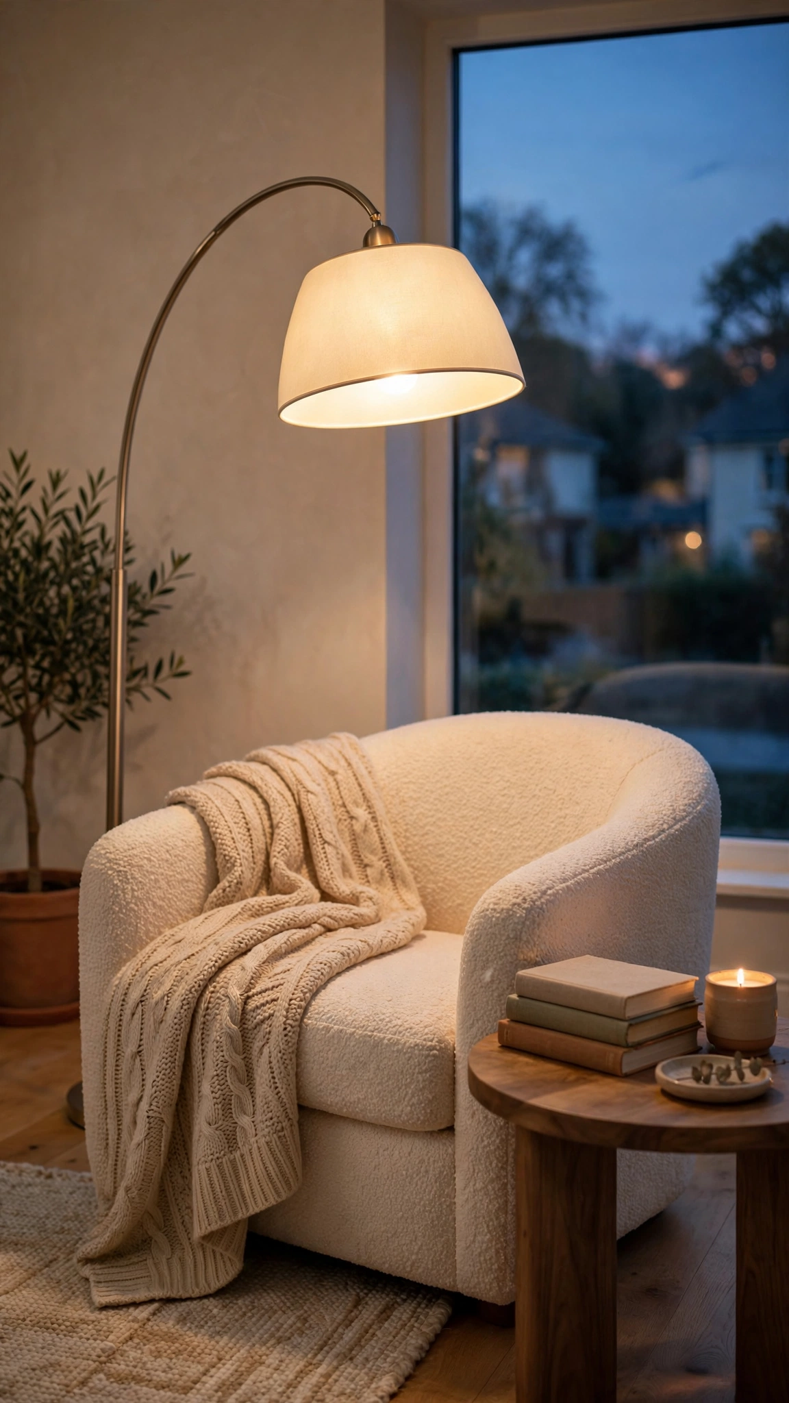 Cozy living room reading corner with a warm floor lamp, upholstered chair, soft throw, books and layered ambient lighting