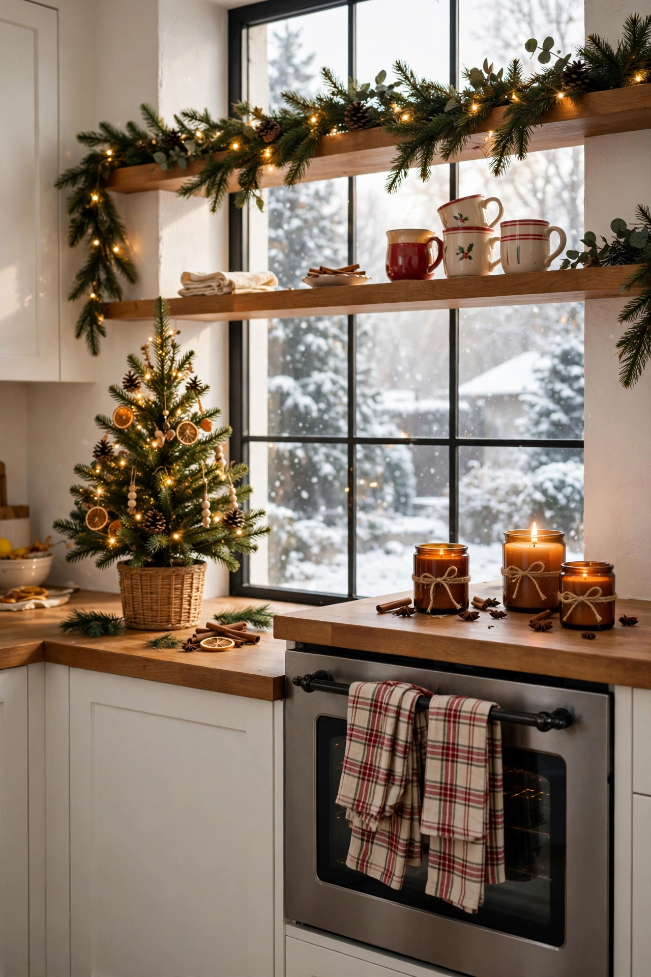 Cozy Christmas kitchen with pine garland and warm fairy lights draped along open wooden shelves, holiday mugs on display, a mini counter tree decorated with dried orange slices in a woven basket, amber candles and a red plaid towel by the oven, with snow falling outside the window