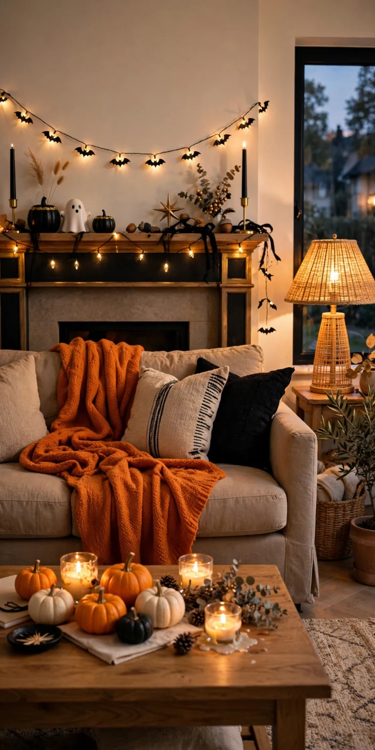 Cozy living room decorated for Halloween at dusk, with a fireplace mantel strung with glowing bat garland lights and black taper candles, a cream sofa draped with an orange knit throw, and a wooden coffee table with small pumpkins and lit candles