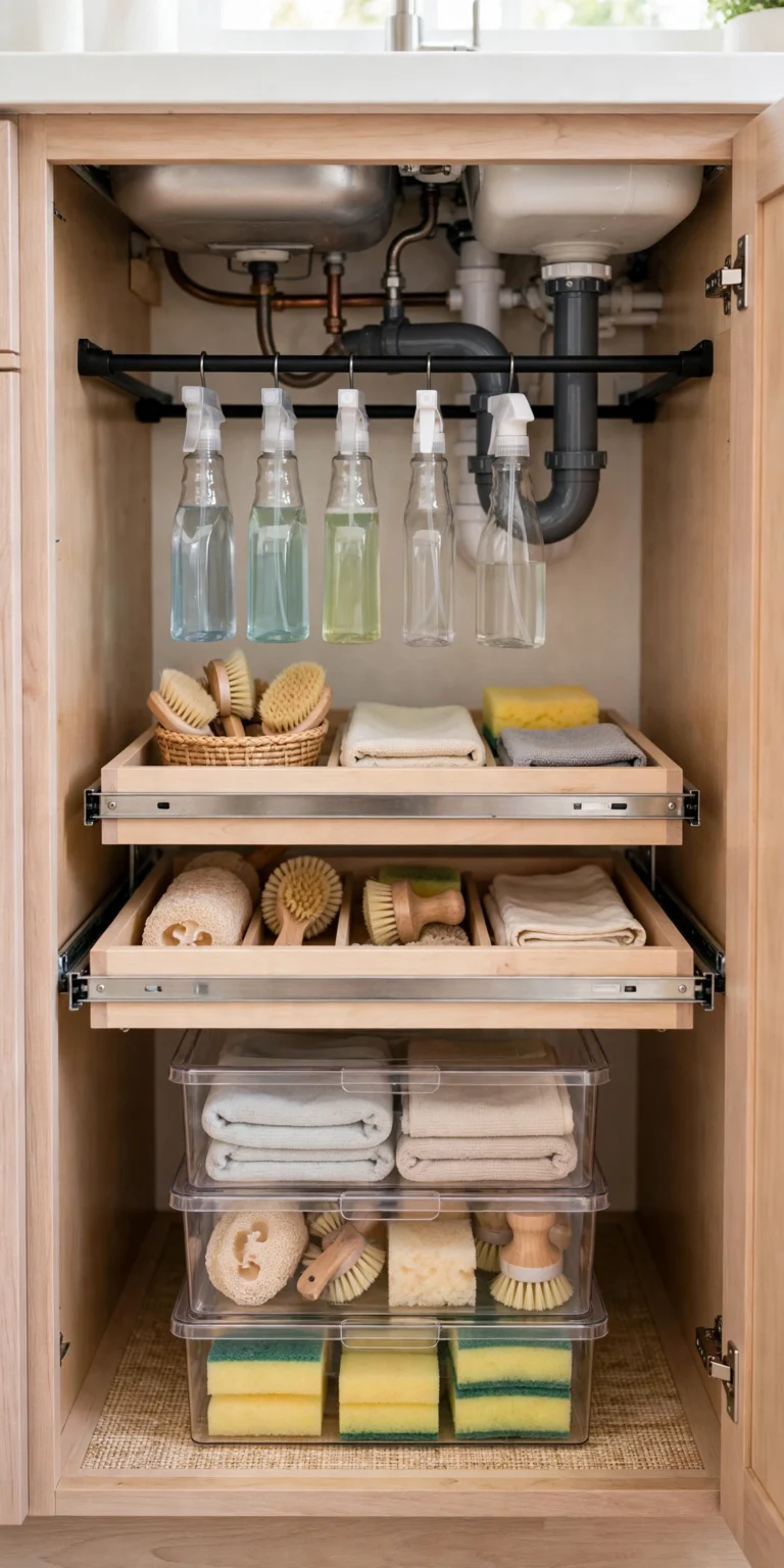 Organized under-sink cabinet with spray bottles hanging from a tension rod beneath the pipes, two pull-out wooden trays holding brushes, sponges and folded cloths, and stacked clear bins of towels and sponges below