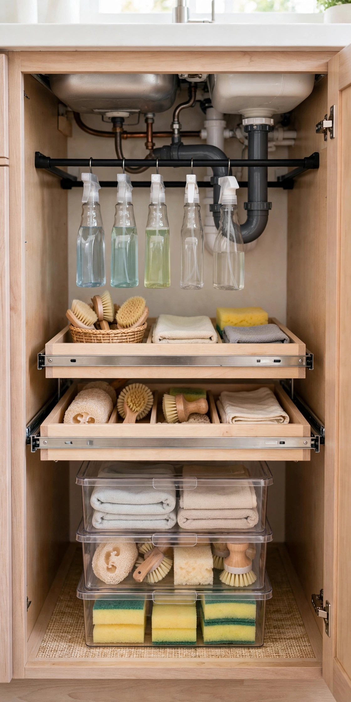 Organized under-sink cabinet with spray bottles hanging from a tension rod beneath the pipes, two pull-out wooden trays holding brushes, sponges and folded cloths, and stacked clear bins of towels and sponges below