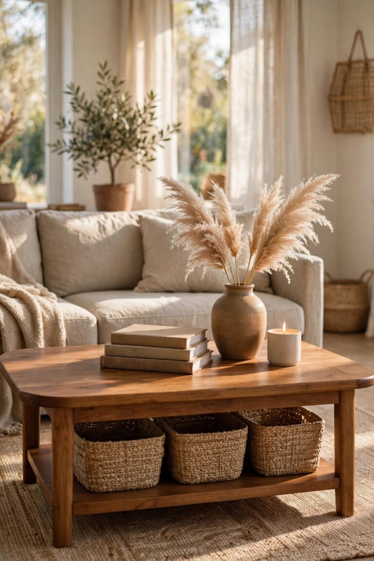 Warm wooden coffee table with rounded corners styled with a stack of linen-covered books, a stoneware vase of pampas grass and a lit candle, woven storage baskets on its lower shelf, in front of a cream linen sofa