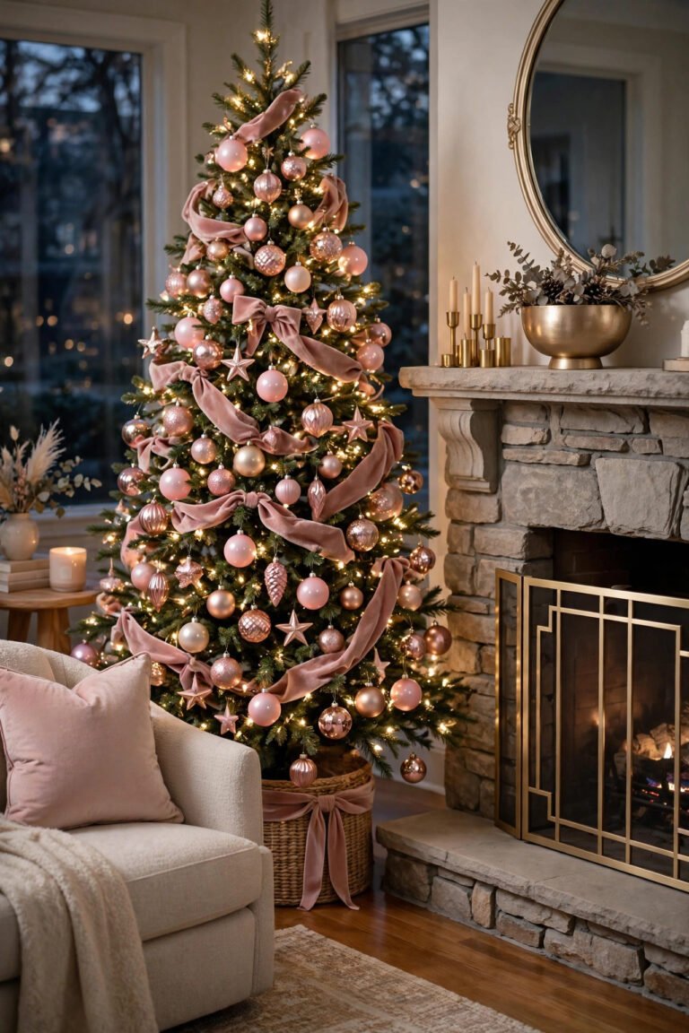 Christmas tree decorated with blush pink and rose gold baubles, velvet ribbon bows and warm fairy lights, standing beside a stone fireplace with brass candlesticks and a round mirror, a cream armchair with a blush cushion in the foreground