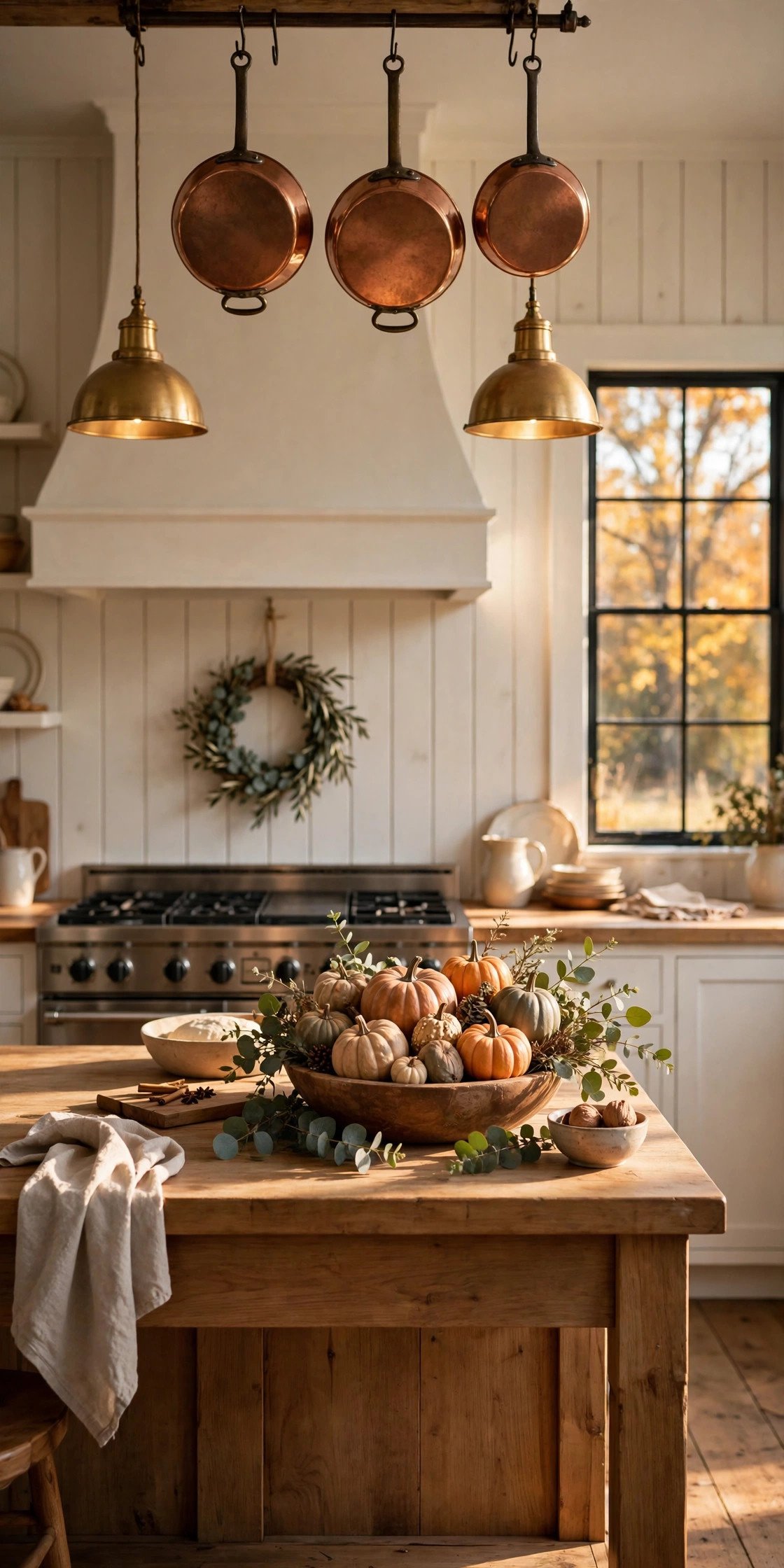 Thanksgiving kitchen with a wooden island holding a dough bowl of small pumpkins and eucalyptus, copper pans hanging from a rail above brass pendant lights, an eucalyptus wreath on the range hood and autumn trees visible through the window