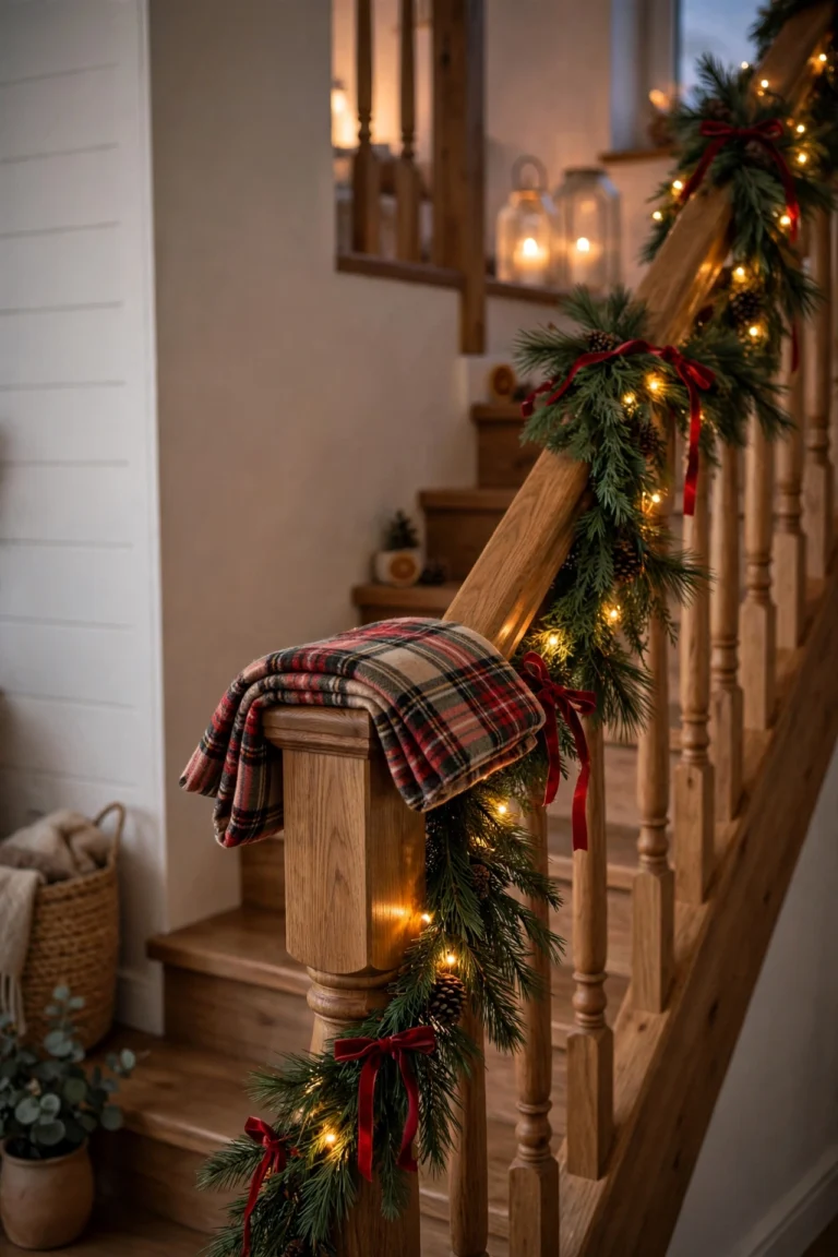 Wooden staircase banister wrapped with an evergreen garland, warm fairy lights, pinecones and deep red velvet bows, a folded red plaid blanket draped over the newel post and glowing lanterns on the landing behind