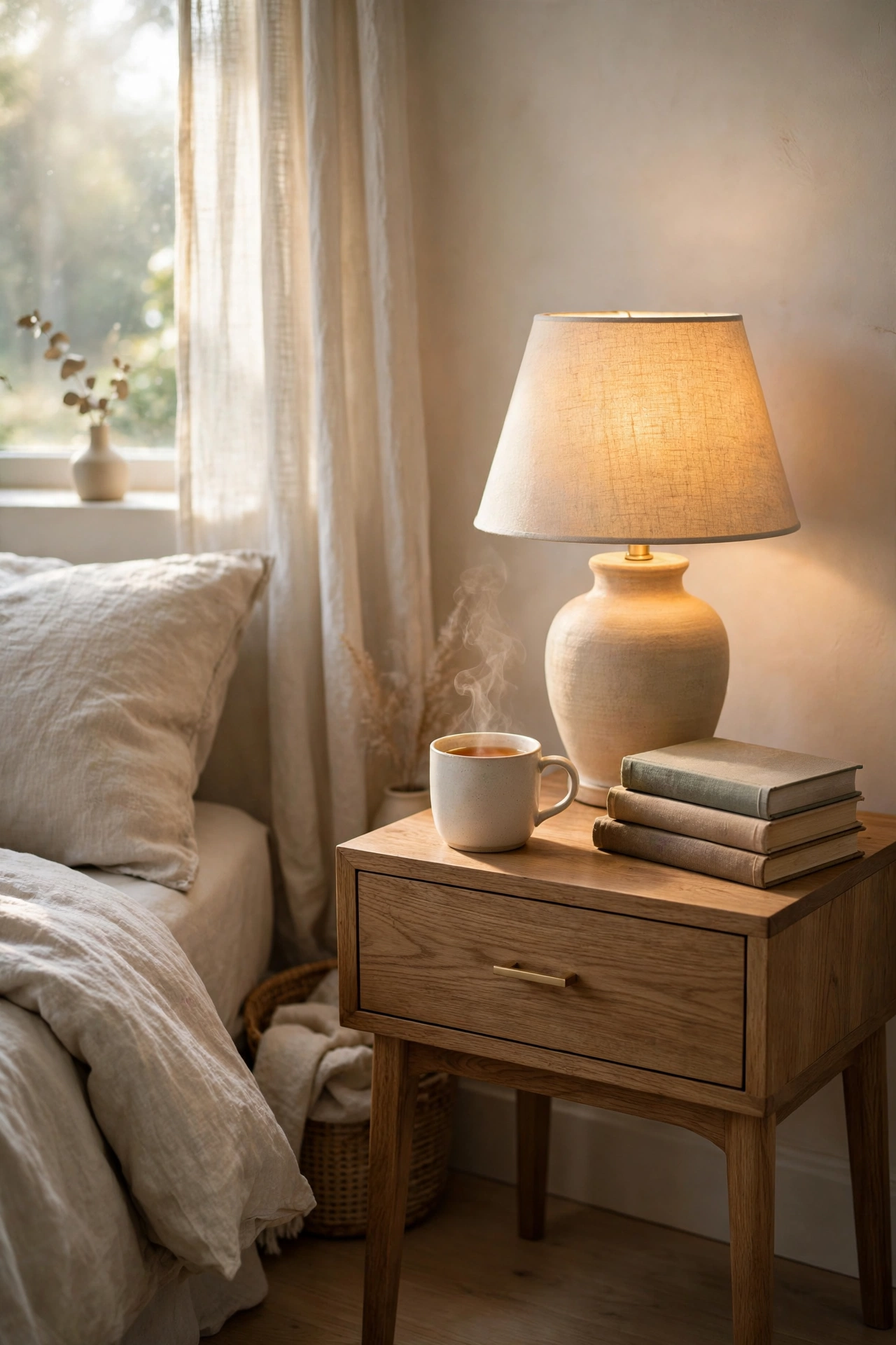 Light oak nightstand with a single drawer and brass pull, topped with a glowing ceramic table lamp, a stack of linen-bound books and a steaming mug of tea, beside a bed with rumpled natural linen bedding and sheer curtains