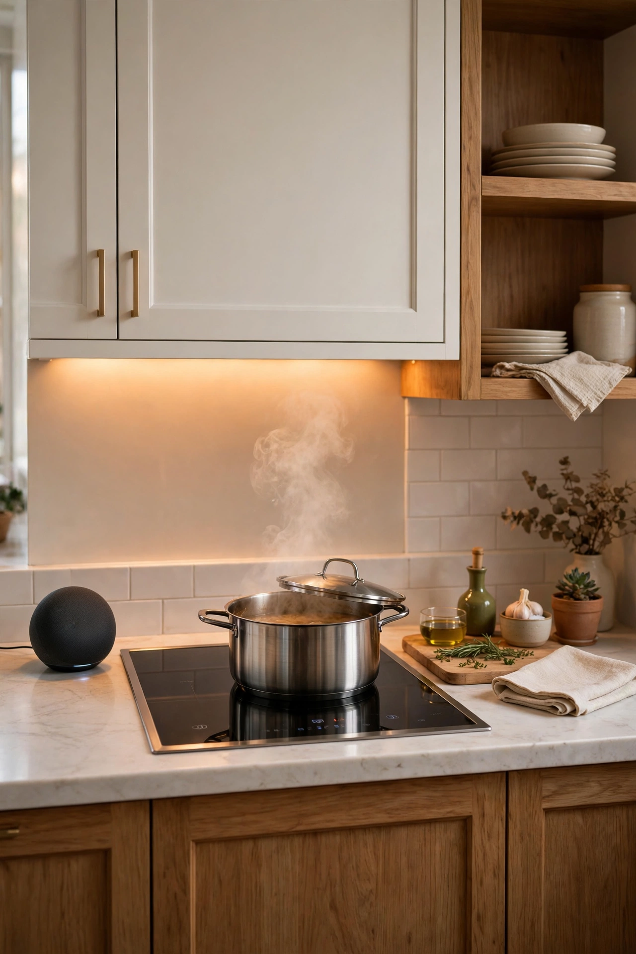 Warm kitchen counter with a stainless steel pot steaming on an induction cooktop, a round smart speaker beside it, warm under-cabinet lighting glowing above the tiled backsplash, and open wooden shelves holding stacked stoneware plates