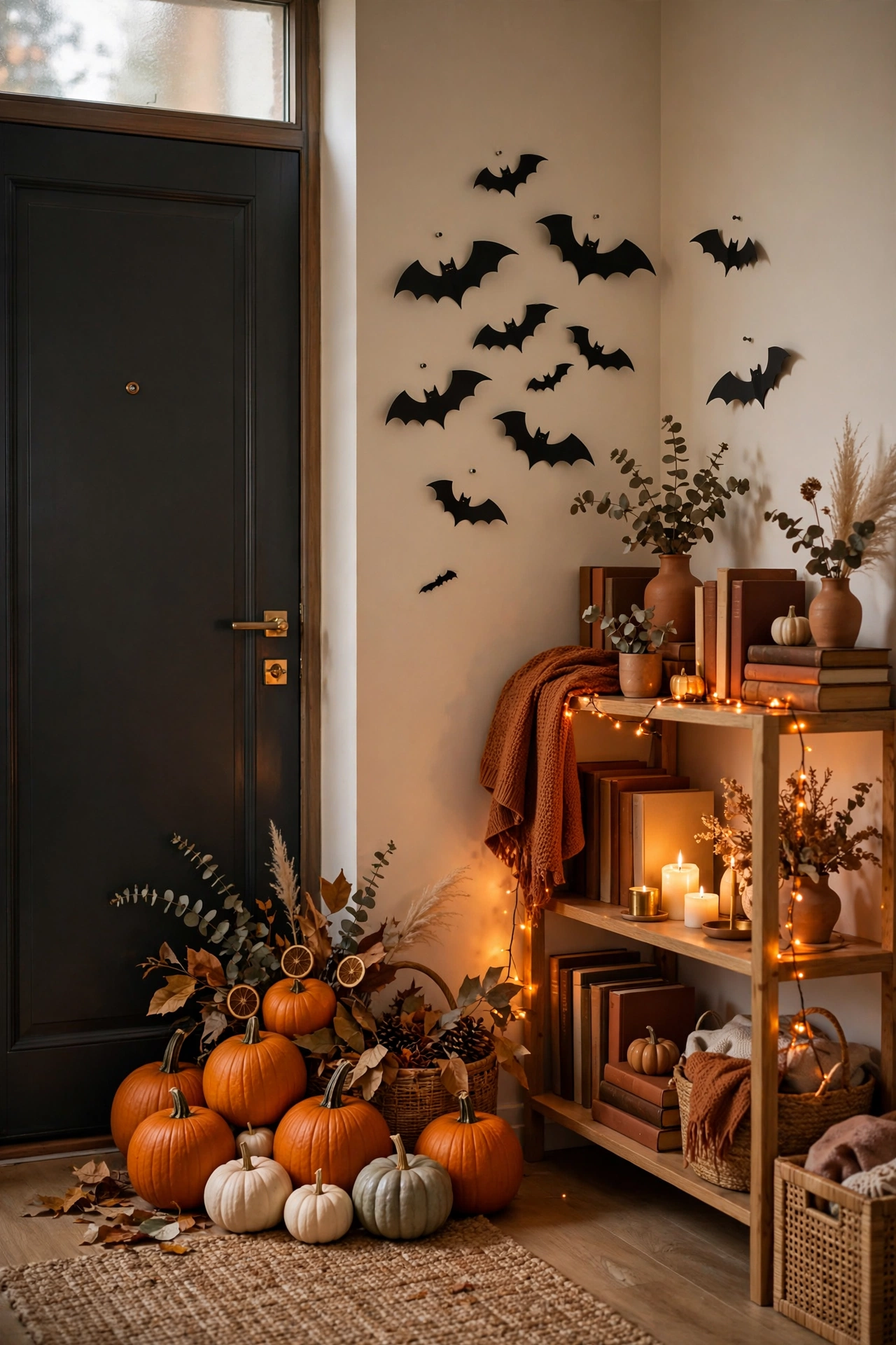 Apartment entryway decorated for Halloween with black paper bats on the wall, a cluster of orange and white pumpkins by the door, and a bookshelf with string lights and candles