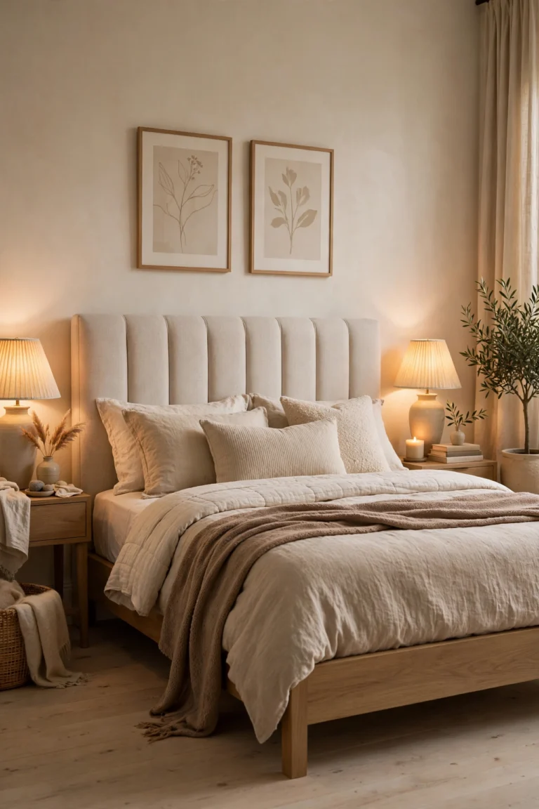 Cozy bedroom with a tall upholstered headboard, layered cream and terracotta bedding, wooden nightstands and warm lamplight