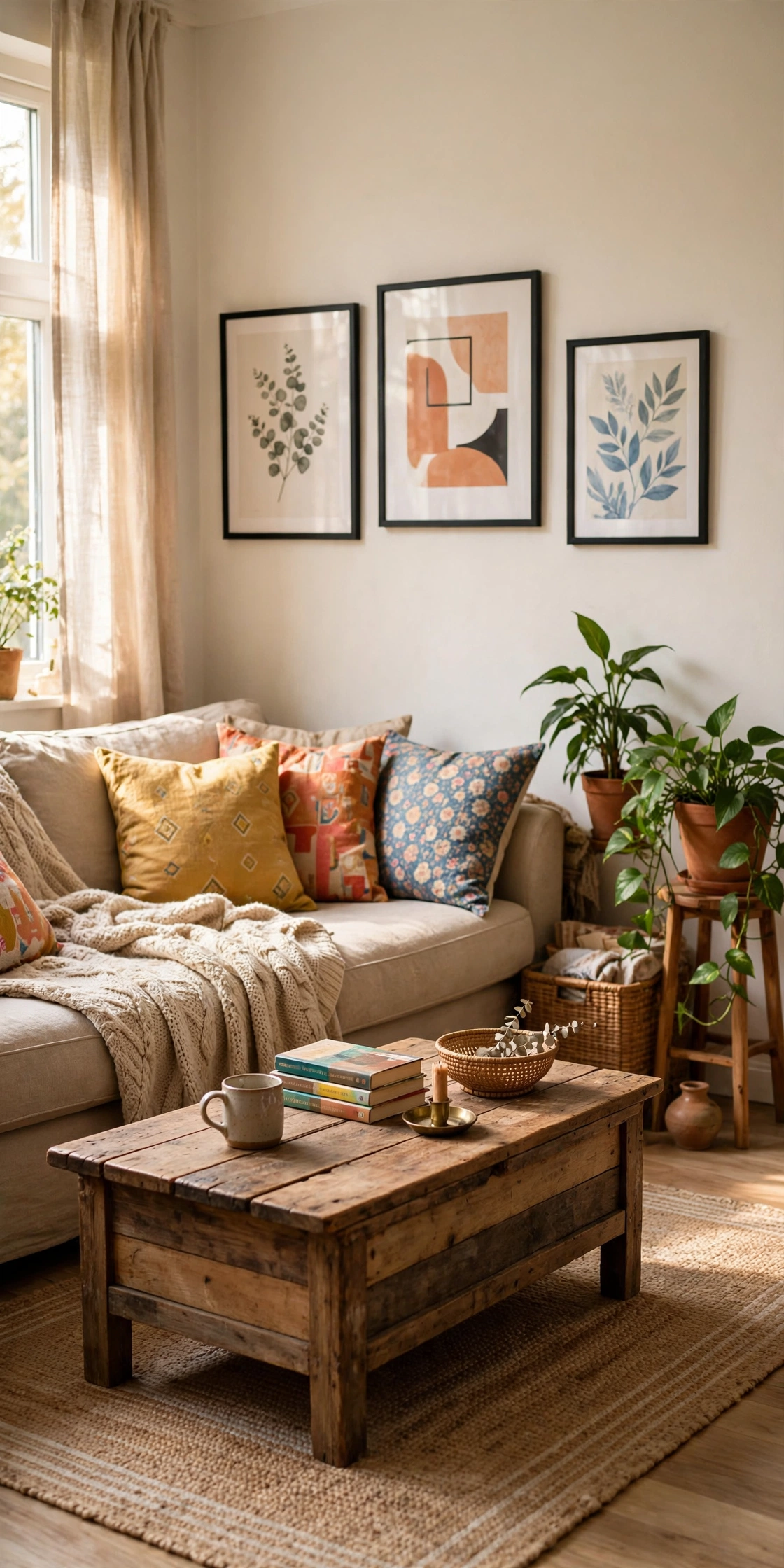 Cozy stylish room decorated with affordable textiles, plants and thrifted accents