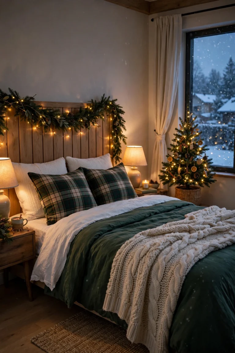 Cozy Christmas bedroom with a wooden headboard draped in an evergreen garland and warm fairy lights, deep green bedding with plaid pillows and a chunky cream knit throw, and a small lit Christmas tree beside a window with falling snow