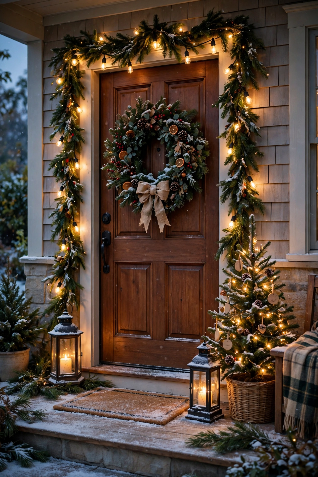Christmas front porch with a large evergreen wreath with pinecones, dried orange slices and a burlap bow on a wooden door, lighted garland framing the doorway, glowing lanterns on the snowy step, a small lit tree in a wicker basket and a plaid throw on a bench