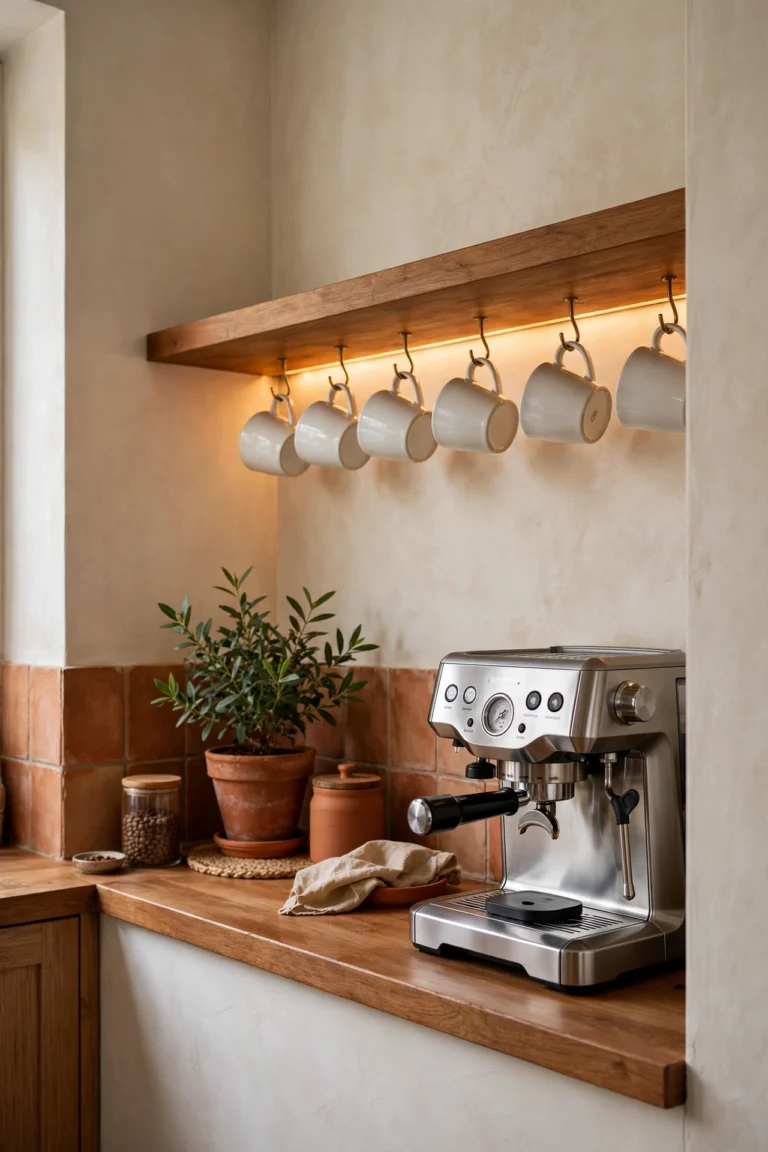 Compact cozy coffee bar with mugs, warm lighting, natural wood and neatly arranged morning essentials