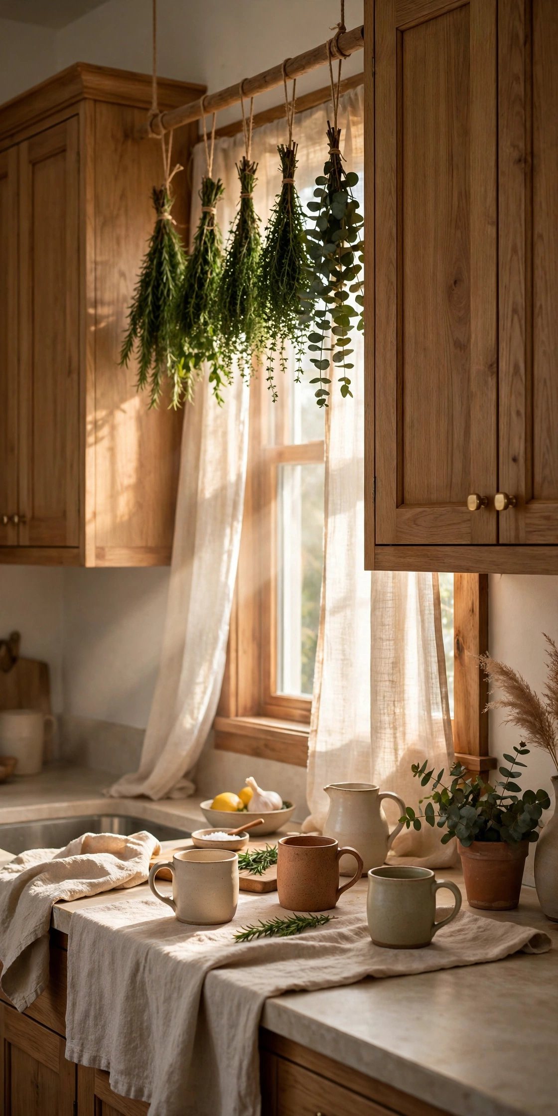 Warm inviting kitchen with layered lighting, natural wood and soft textiles
