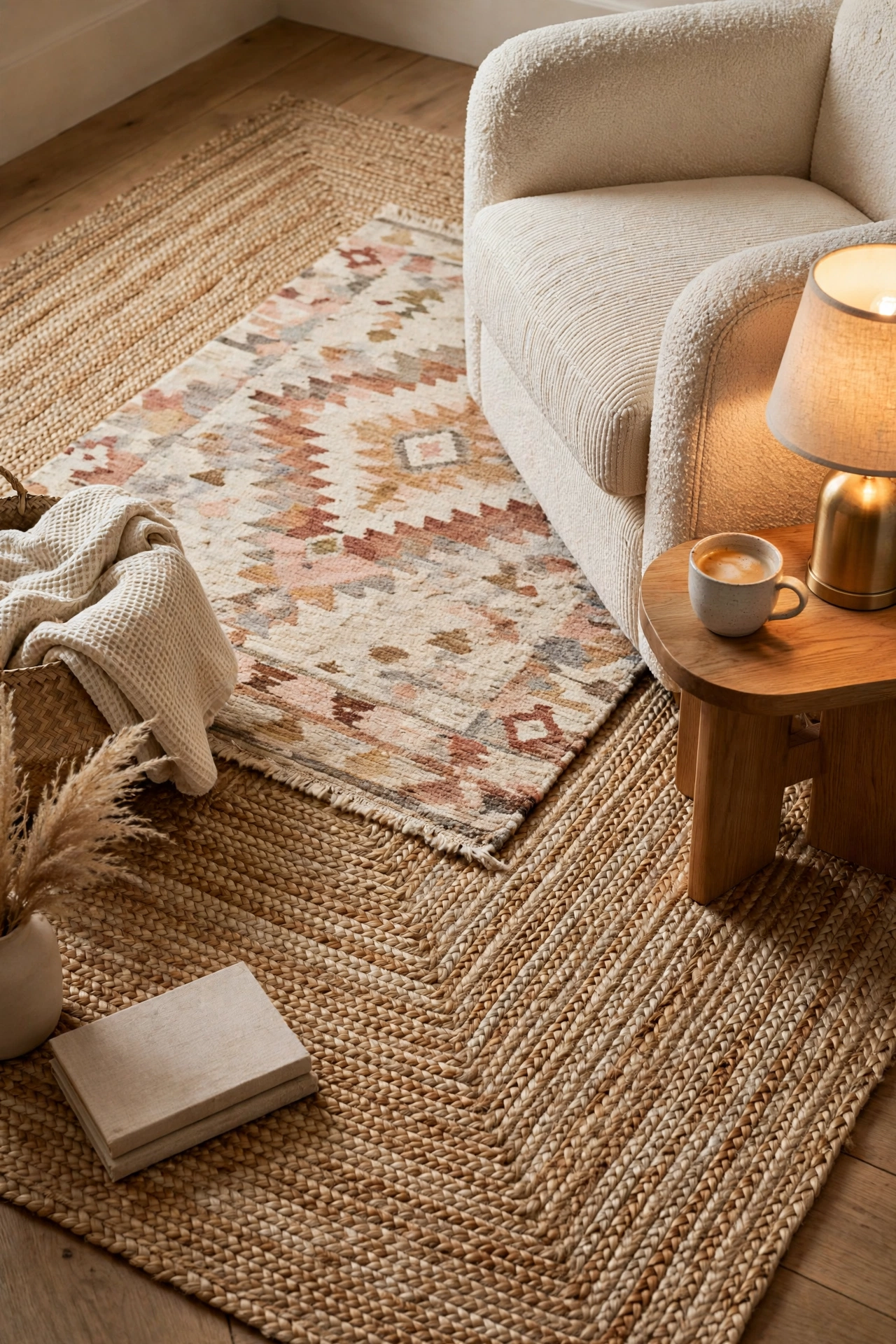 Layered neutral rugs grounding a cozy living room with warm furniture and natural textures