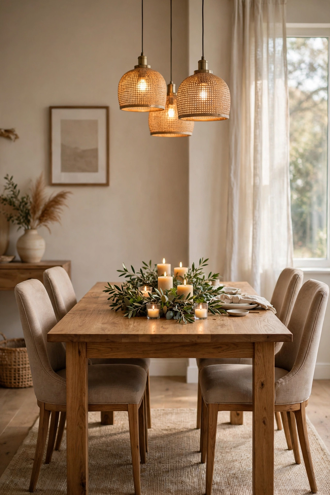 Warm solid-wood dining table with beige upholstered chairs, a greenery and pillar-candle centerpiece, and three woven rattan pendant lights glowing above, beside a tall window with sheer curtains