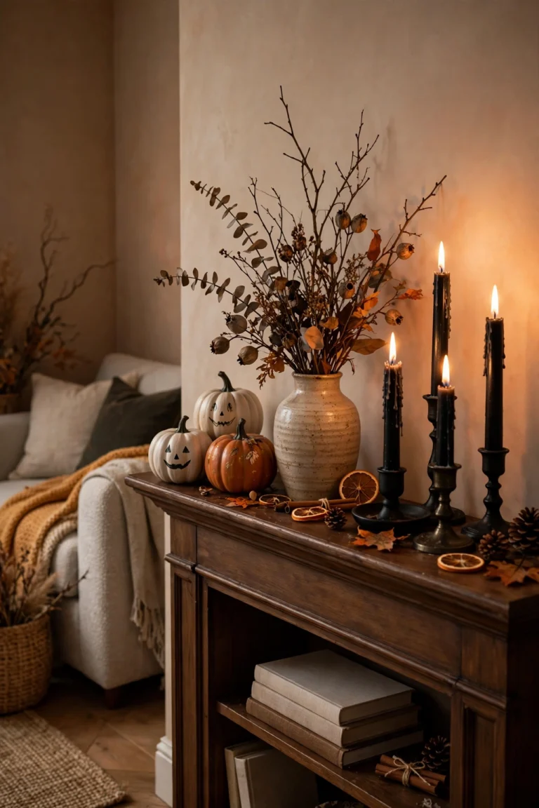 Cozy Halloween mantel with mini pumpkins, dried branches, dark taper candles and warm autumn details