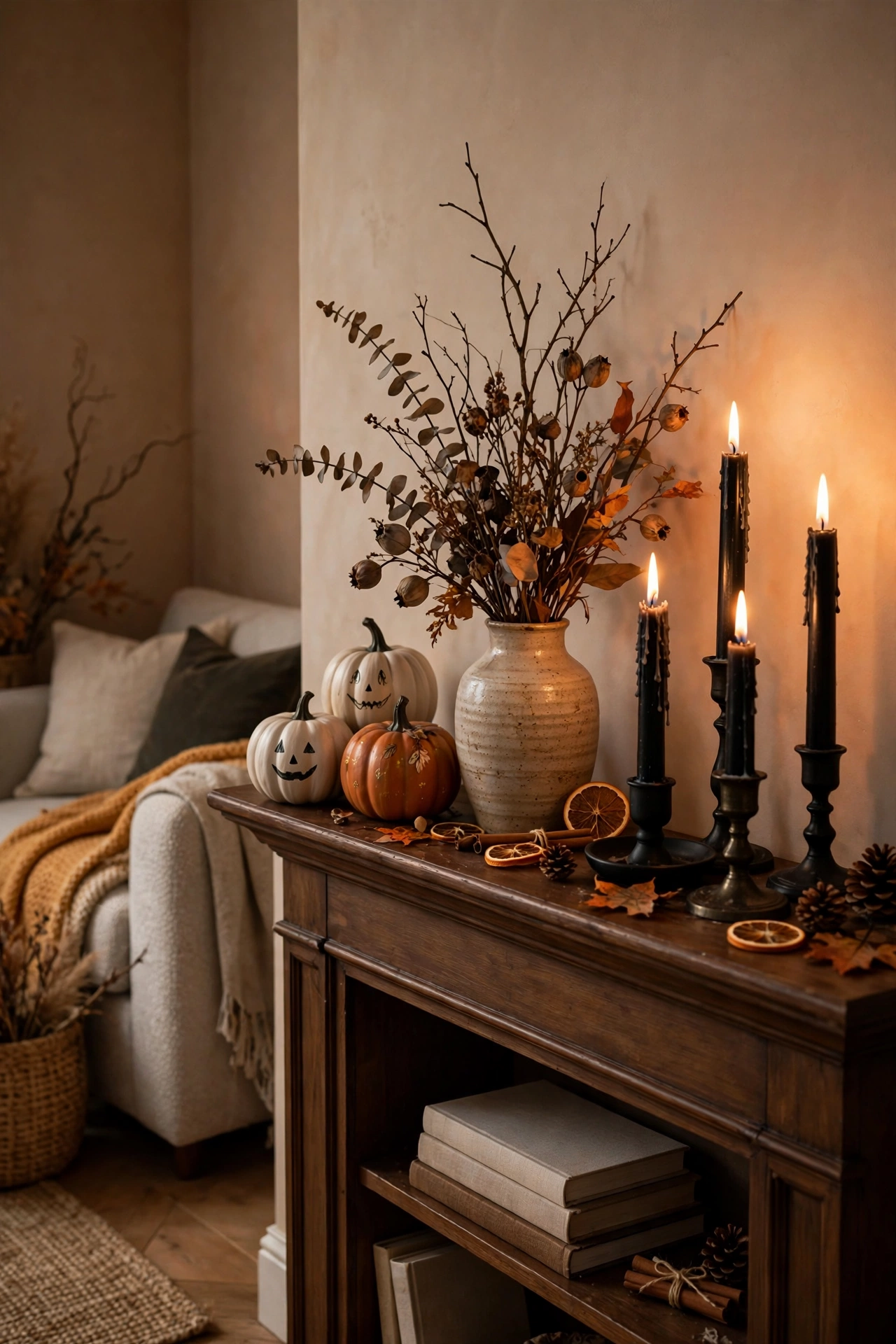 Cozy Halloween mantel with mini pumpkins, dried branches, dark taper candles and warm autumn details