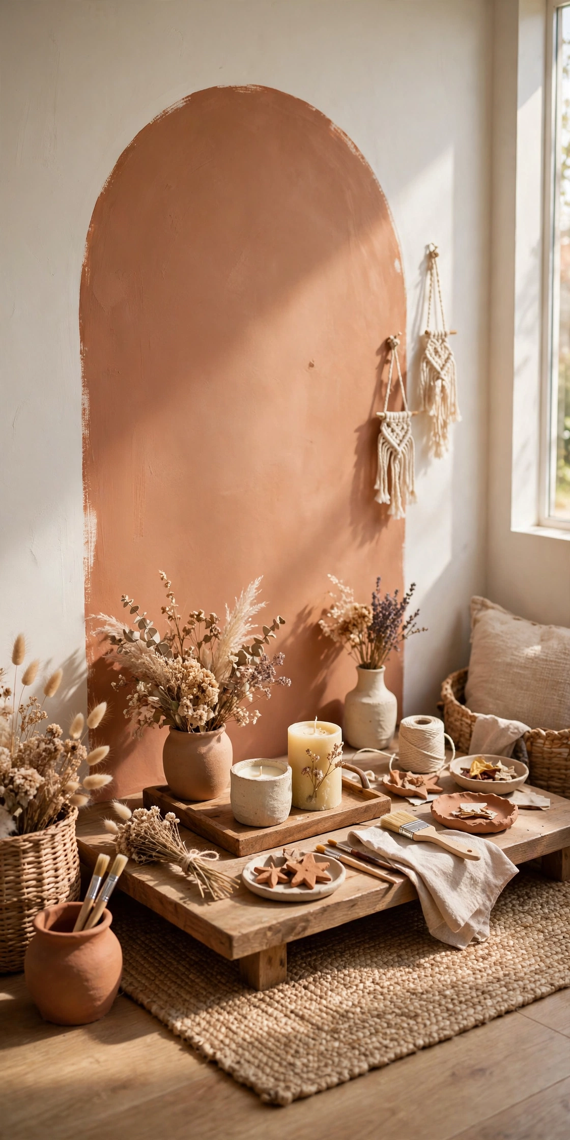 Affordable weekend DIY decor projects with paint, woven baskets, dried flowers and candles