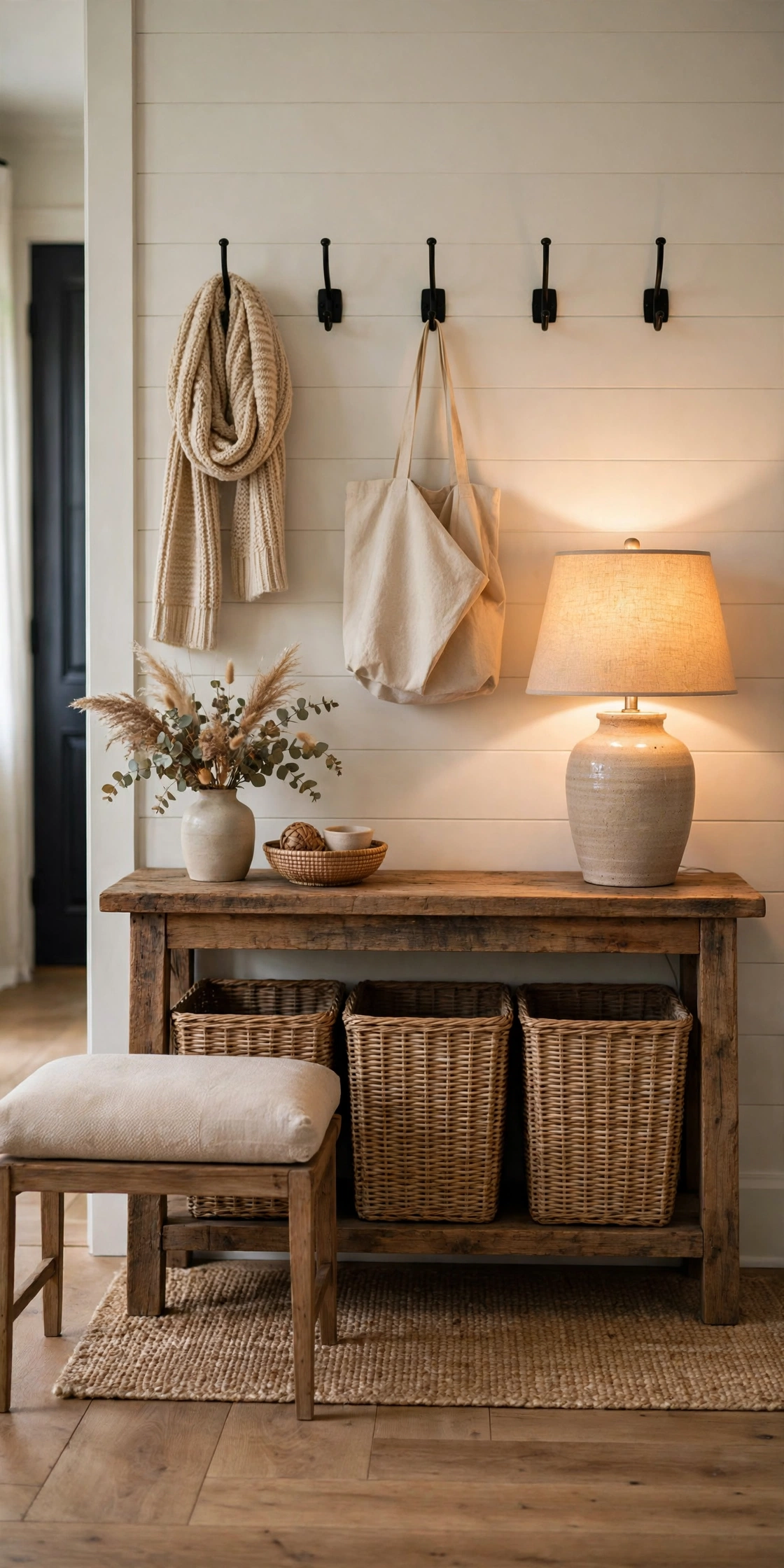 Cozy organized entryway with a storage bench, wall hooks, baskets, shoe storage and a warm runner