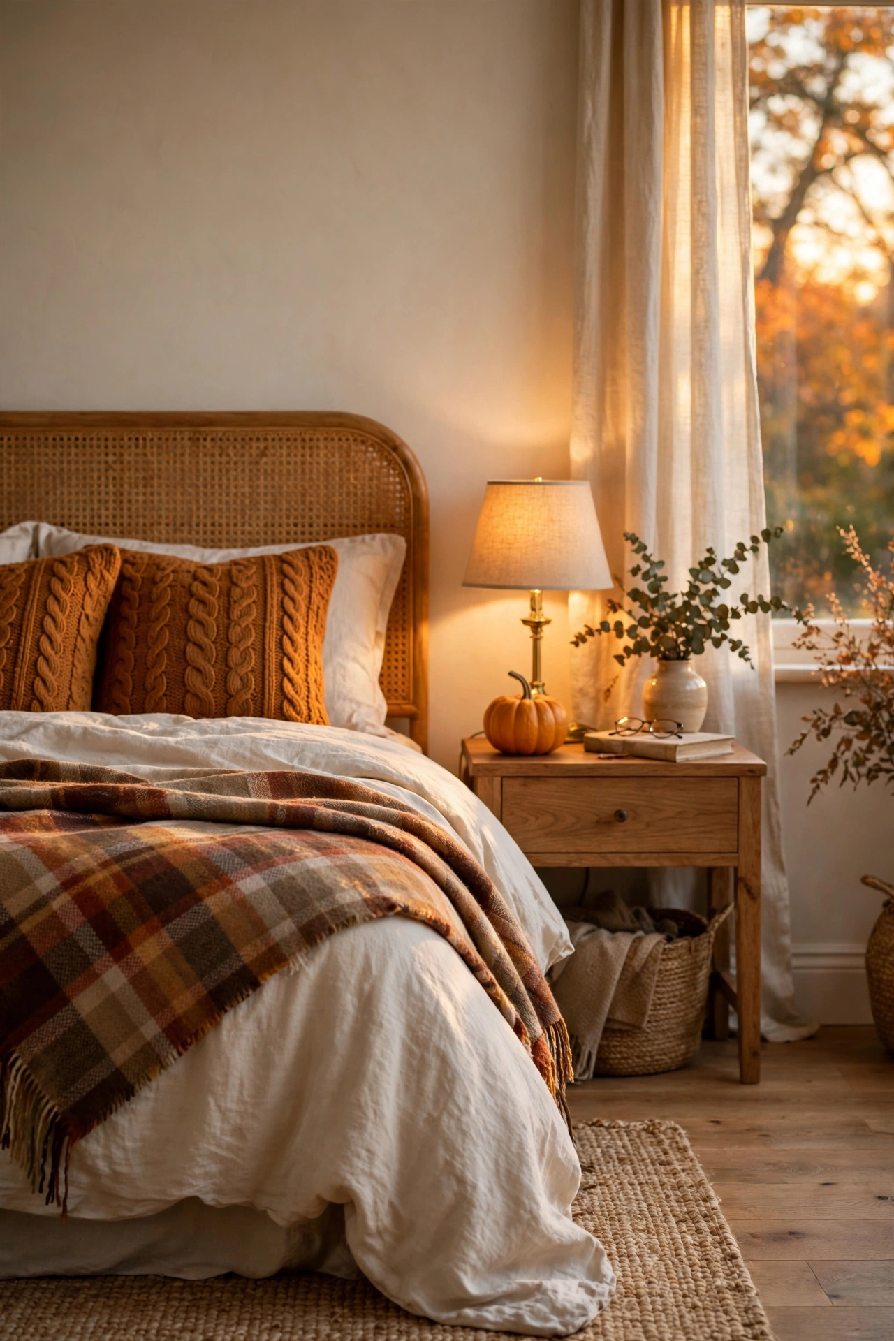 Warm fall bedroom layered with rust-toned bedding, a chunky knit throw, soft lamp light and natural textures