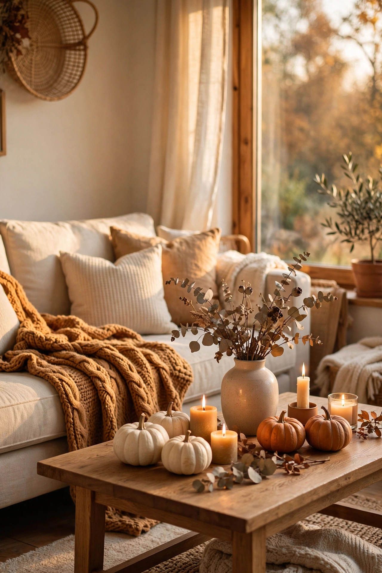 Cozy autumn living room with warm textiles, pumpkins and seasonal natural accents