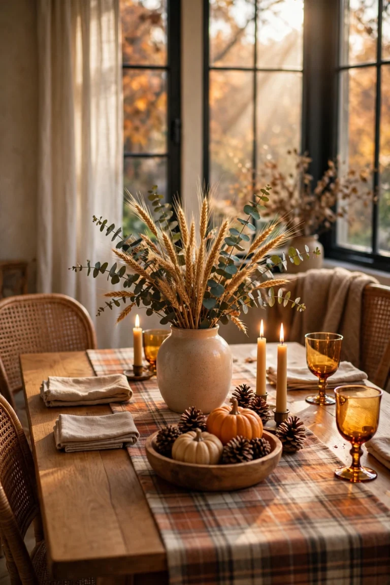 Cozy fall dining room with a warm table runner, natural centerpiece, dried botanicals and candlelight